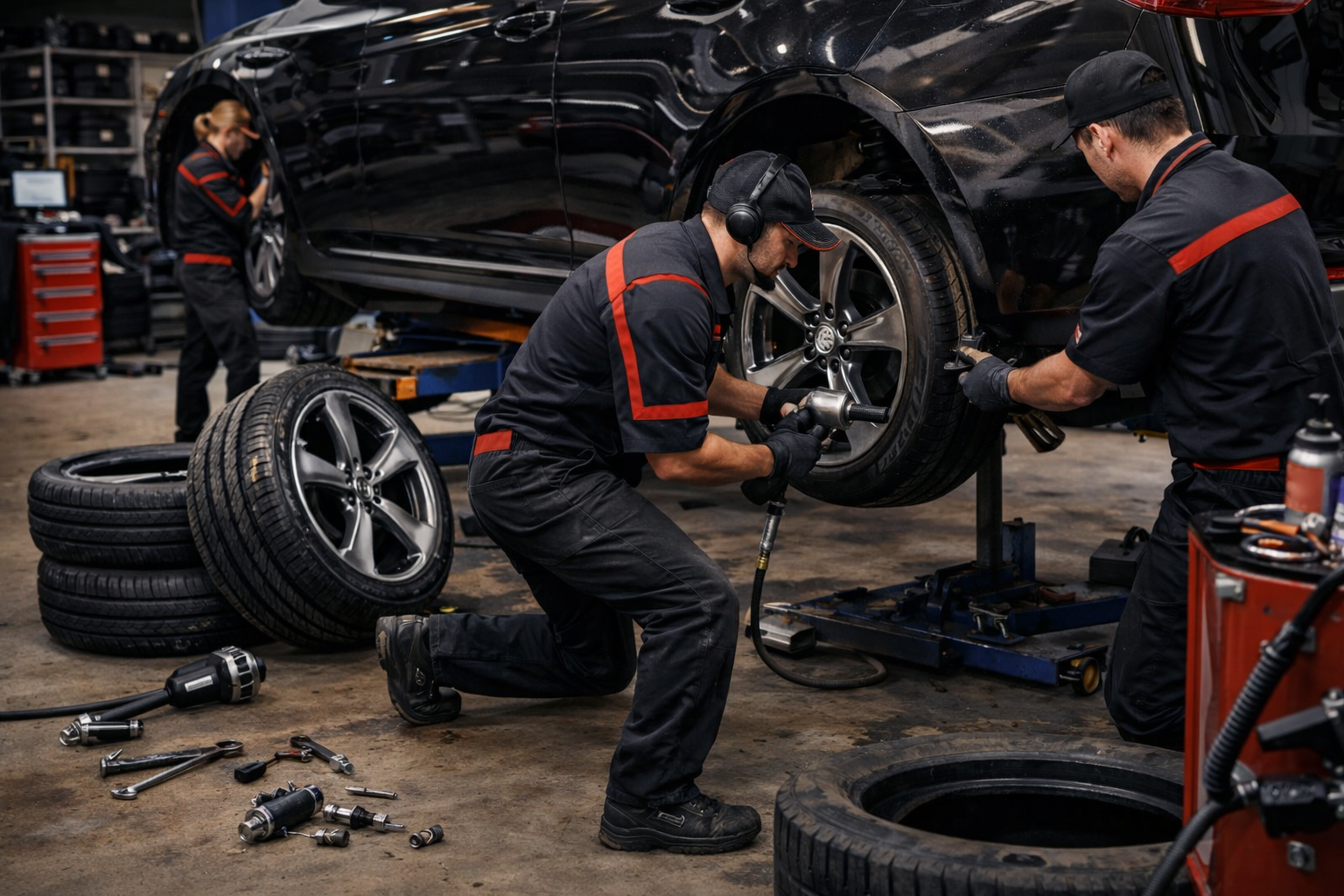 Mechanics installing new tyres at workshop